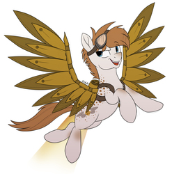 Size: 1000x1012 | Tagged: safe, artist:littlehybridshila, oc, oc only, oc:propwash, earth pony, pony, artificial wings, augmented, goggles, jetpack, male, mechanical wing, stallion, wings