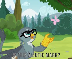 Size: 1200x978 | Tagged: safe, artist:jhaller, edit, edited screencap, screencap, gabby, butterfly, griffon, g4, cute, female, gabbybetes, glasses, happy, image macro, implied fluttershy, is this a pigeon, meme, ponified meme
