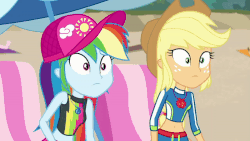 Size: 800x450 | Tagged: safe, screencap, applejack, rainbow dash, equestria girls, g4, lost and found, my little pony equestria girls: better together, animated, apple, belly button, clothes, cowboy hat, crossed arms, duo, female, food, freckles, geode of super speed, geode of super strength, gif, hat, lidded eyes, looking at each other, magical geodes, midriff, swimsuit