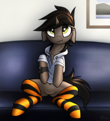 Size: 3000x3291 | Tagged: safe, artist:fenixdust, oc, oc only, oc:ivy, pony, belly button, chest fluff, clothes, cute, female, floppy ears, high res, hoodie, mare, sitting, socks, solo, striped socks