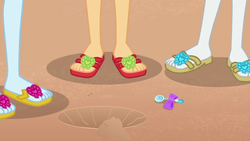 Size: 1280x720 | Tagged: safe, screencap, applejack, rainbow dash, rarity, equestria girls, equestria girls series, g4, lost and found, close-up, ear piercing, earring, feet, flip-flops, jewelry, legs, pictures of legs, piercing, sandals, trio
