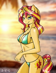 Size: 633x835 | Tagged: safe, artist:z-y-c, sunset shimmer, unicorn, anthro, g4, bikini, clothes, female, mare, solo, swimsuit