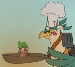 Size: 2145x1926 | Tagged: safe, artist:cowsrtasty, spike, bird, dragon, roc, g4, molt down, :p, :t, chef's hat, duo, eyes on the prize, frown, frying pan, glare, gradient background, gritted teeth, hat, male, pan, smiling, smirk, spatula, stone scales, tongue out, wide eyes, wing hands