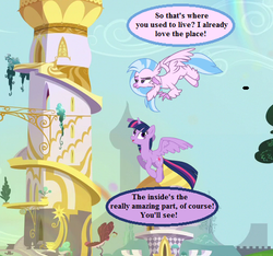 Size: 512x480 | Tagged: safe, artist:shootingstarsentry, artist:tawaki, artist:theshadowstone, edit, silverstream, twilight sparkle, alicorn, classical hippogriff, hippogriff, pony, amending fences, g4, canterlot, canterlot castle, cropped, duo, female, flying, mare, speech bubble, stairs, text, that hippogriff sure does love stairs, twilight sparkle (alicorn), twilight's canterlot home