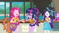 Size: 1011x568 | Tagged: safe, screencap, pinkie pie, rarity, sci-twi, twilight sparkle, equestria girls, equestria girls series, g4, the salty sails, animated, clothes, cute, diapinkes, female, geode of empathy, geode of shielding, geode of sugar bombs, geode of super speed, geode of super strength, geode of telekinesis, glasses, hat, laughing, magical geodes, ponytail, raribetes, rarity's blue sarong, sarong, sun hat, swimsuit, trio, trio female, twiabetes, wet