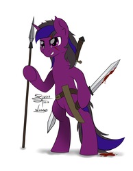 Size: 1674x2160 | Tagged: safe, artist:airfly-pony, artist:wing, oc, oc only, oc:dark arreb, pony, unicorn, rcf community, blood, fantasy class, knife, looking at something, male, smiling, solo, spear, stallion, teeth, warrior, weapon, witcher wild hunt