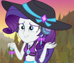 Size: 840x718 | Tagged: safe, screencap, rarity, equestria girls, g4, lost and found, my little pony equestria girls: better together, cropped, female, geode of shielding, hat, magical geodes, rarity's purple bikini, sarong, solo, sun hat