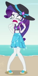 Size: 310x618 | Tagged: safe, screencap, rarity, equestria girls, equestria girls series, g4, lost and found, clothes, cropped, female, hat, makeup, marshmelodrama, mascarity, pigeon toed, rarity being rarity, rarity's blue sarong, rarity's purple bikini, running makeup, sandals, sarong, solo, sun hat, swimsuit