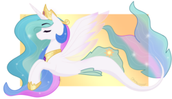 Size: 1024x591 | Tagged: safe, artist:cadetredshirt, princess celestia, alicorn, pony, seapony (g4), g4, crown, digital art, dorsal fin, ethereal mane, ethereal tail, eyes closed, female, fin, fin wings, fins, fish tail, flowing mane, flowing tail, gem, gradient background, hoof shoes, horn, jewelry, mare, mermay, peytral, princess shoes, regalia, scales, seaponified, seapony celestia, signature, simple background, solo, sparkles, species swap, spread wings, starry mane, starry tail, stars, swimming, tail, transparent background, wings, yellow background