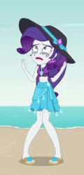 Size: 346x718 | Tagged: safe, screencap, rarity, equestria girls, g4, lost and found, my little pony equestria girls: better together, animated, animated screencap, clothes, cropped, crying, female, gif, hat, makeup, marshmelodrama, mascarity, pigeon toed, rarity's blue sarong, rarity's purple bikini, running makeup, sandals, sarong, solo, sun hat, swimsuit