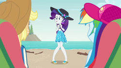 Size: 1280x720 | Tagged: safe, screencap, applejack, rainbow dash, rarity, equestria girls, equestria girls series, g4, lost and found, cap, clothes, feet, female, flip-flops, hat, sandals, sarong, sun hat, swimsuit