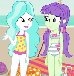 Size: 424x434 | Tagged: safe, screencap, paisley, starlight, equestria girls, equestria girls series, g4, lost and found, bandeau, clothes, cropped, duo, duo female, female, swimsuit