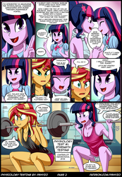 Size: 1485x2140 | Tagged: safe, artist:pshyzomancer, sci-twi, sunset shimmer, twilight sparkle, comic:physiology testing, equestria girls, g4, armpits, barbell, blushing, breasts, cleavage, clothes, colored, comic, exercise, female, for science, gym shorts, lesbian, purple skin, science, ship:sci-twishimmer, ship:sunsetsparkle, shipping, shorts, squat, sweat, tank top, weight lifting, weights, workout, workout outfit