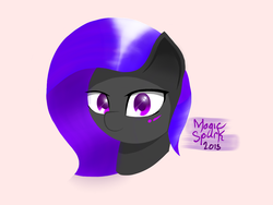 Size: 1480x1110 | Tagged: safe, artist:magicspark, oc, oc only, oc:medi, earth pony, pony, bust, female, gray, mare, purple, solo