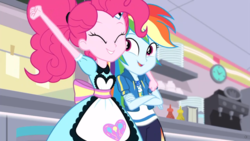 Size: 1920x1080 | Tagged: safe, edit, edited screencap, screencap, pinkie pie, rainbow dash, equestria girls, g4, my little pony equestria girls: better together, pinkie pie: snack psychic, apron, clock, clothes, condiments, crossed arms, cute, dashabetes, diapinkes, geode of super speed, happy, huggable, magical geodes, server pinkie pie, shipping fuel, sweet snacks cafe