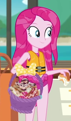 Size: 357x605 | Tagged: safe, screencap, pinkie pie, equestria girls, equestria girls series, g4, the salty sails, basket, beautiful, clothes, cropped, cute, cuteamena, female, food, lifejacket, pinkamena diane pie, smiling, solo, swimsuit, wet hair