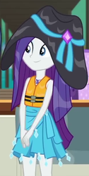 Size: 307x611 | Tagged: safe, screencap, rarity, equestria girls, g4, my little pony equestria girls: better together, the salty sails, clothes, cropped, cute, female, geode of shielding, hat, lifejacket, magical geodes, raribetes, rarity's blue sarong, sarong, smiling, solo, sun hat, swimsuit, wet, wet hair