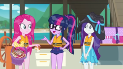 Size: 1280x720 | Tagged: safe, screencap, pinkie pie, rarity, sci-twi, twilight sparkle, equestria girls, g4, my little pony equestria girls: better together, the salty sails, clothes, female, geode of empathy, geode of shielding, geode of sugar bombs, geode of super speed, geode of super strength, geode of telekinesis, glasses, hat, magical geodes, pinkie pie swimsuit, ponytail, rarity's blue sarong, sarong, sci-twi swimsuit, sun hat, swimsuit, trio, trio female, wet hair
