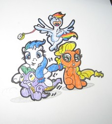 Size: 903x995 | Tagged: safe, artist:hillbe, applejack, rainbow dash, rarity, spike, g4, female, hypnosis, laughing, male, pendulum swing, running, ship:sparity, shipping, straight, traditional art, watch