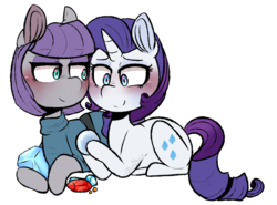 Size: 879x649 | Tagged: safe, artist:urbanqhoul, maud pie, rarity, earth pony, pony, unicorn, g4, blushing, female, lesbian, mare, ship:rarimaud, shipping, simple background, transparent background