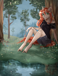 Size: 1000x1300 | Tagged: safe, artist:alicesmitt31, oc, oc only, earth pony, anthro, unguligrade anthro, anthro oc, clothes, digital art, feather, female, green eyes, looking at you, mare, reflection, signature, sitting, smiling, solo, tree, water, ych result