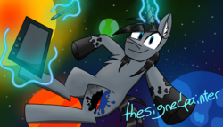 Size: 5250x2999 | Tagged: safe, artist:thesignedpainter, oc, oc only, oc:ink splatter, pony, unicorn, blue eyes, ear fluff, facial hair, ink, magic, male, planet, scar, signature, smiling, solo, space, stallion, stars, tablet, zero gravity