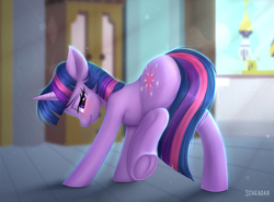 Size: 1200x888 | Tagged: safe, artist:scheadar, twilight sparkle, pony, unicorn, a canterlot wedding, blushing, butt, commission, covering, female, frog (hoof), looking back, mare, plot, presenting, scene interpretation, smiling, solo, strategically covered, tail censor, underhoof, unicorn twilight, ych result