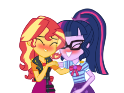 Size: 1024x768 | Tagged: safe, artist:katevelasco, sci-twi, sunset shimmer, twilight sparkle, equestria girls, g4, my little pony equestria girls: better together, blushing, blushing profusely, bowtie, clothes, eyes closed, female, geode of empathy, geode of telekinesis, glasses, gritted teeth, hand on shoulder, jacket, laughing, leather jacket, lesbian, magical geodes, ponytail, request, ship:sci-twishimmer, ship:sunsetsparkle, shipping, simple background, skirt, smiling, transparent background, watermark