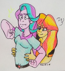 Size: 2962x3224 | Tagged: safe, artist:paula-li, starlight glimmer, sunset shimmer, equestria girls, g4, >:3, belt, blushing, clenched fist, cute, female, glimmerbetes, high res, hug, impending laughter, lesbian, resistance is futile, shimmerbetes, ship:shimmerglimmer, shipping, shock, squirming, tickle torture, tickling, ticklish tummy, traditional art, wide eyes