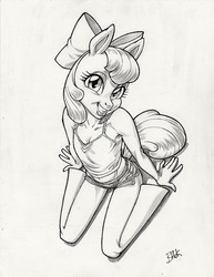 Size: 612x792 | Tagged: safe, artist:bhawk, apple bloom, earth pony, anthro, unguligrade anthro, g4, bow, clothes, female, kneeling, looking at you, monochrome, shorts, simple background, solo, white background