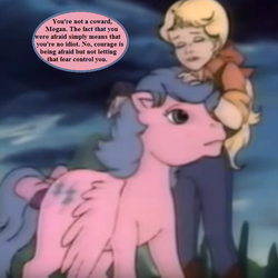 Size: 625x625 | Tagged: safe, edit, edited screencap, editor:korora, screencap, firefly, megan williams, human, pegasus, pony, g1, rescue at midnight castle, bow, courage, cropped, duo, female, mare, speech bubble, tail bow, text