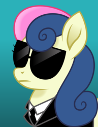 Size: 800x1036 | Tagged: safe, artist:cloudy glow, bon bon, sweetie drops, earth pony, pony, g4, bust, clothes, female, glasses, gradient background, movie accurate, portrait, secret agent sweetie drops, solo, special agent, suit, sunglasses