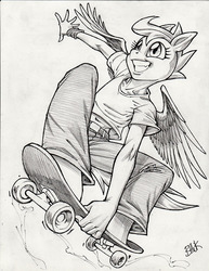 Size: 612x792 | Tagged: safe, artist:bhawk, scootaloo, pegasus, anthro, g4, clothes, female, grayscale, monochrome, pencil drawing, skateboard, skaterloo, smiling, solo, traditional art