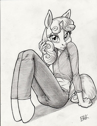 Size: 612x792 | Tagged: safe, artist:bhawk, sweetie belle, unicorn, anthro, g4, bedroom eyes, clothes, female, looking at you, monochrome, pose, sitting, solo