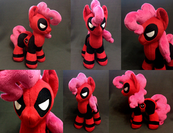 Size: 2380x1824 | Tagged: safe, artist:burgunzik, pinkie pie, earth pony, pony, g4, clothes, cosplay, costume, deadpool, irl, marvel, photo, pinkiepool, plushie, solo