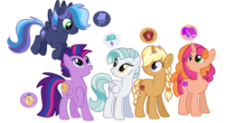 Size: 2820x1530 | Tagged: safe, artist:unicorn-mutual, oc, oc only, pegasus, pony, unicorn, female, mare, offspring, parent:applejack, parent:cheese sandwich, parent:flash sentry, parent:pinkie pie, parent:rainbow dash, parent:rarity, parent:soarin', parent:thunderlane, parent:trenderhoof, parent:twilight sparkle, parents:cheesepie, parents:flashlight, parents:rarilane, parents:soarindash, parents:trenderjack, simple background, transparent background