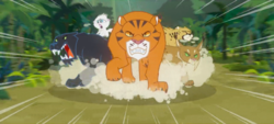 Size: 1440x649 | Tagged: safe, screencap, mitsy, big cat, cat, cheetah, lynx, panther, tiger, g4, read it and weep, season 2, ahuizotl's cats, animal, dust cloud, kitten, running, speed lines