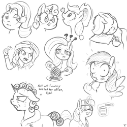 Size: 2000x2000 | Tagged: safe, artist:yakoshi, applejack, fluttershy, rainbow dash, rarity, scootaloo, starlight glimmer, sunset shimmer, sweetie belle, twilight sparkle, earth pony, pegasus, pony, unicorn, g4, apple, chopsticks, clothes, controller, female, filly, food, goggles, high res, lab coat, majestic as fuck, makeup, mare, monochrome, plushie, question mark, robe, science, simple background, sketch, sleeping, sweat, sweatdrop, waffle, white background