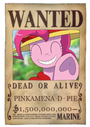 Size: 848x1200 | Tagged: safe, artist:feralroku, pinkie pie, earth pony, pony, g4, crossover, eyes closed, female, frog (hoof), monkey d. luffy, one piece, smiling, solo, spoilers for another series, underhoof, wanted poster, waving