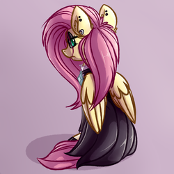 Size: 4000x4000 | Tagged: safe, artist:witchtaunter, fluttershy, pegasus, pony, fake it 'til you make it, g4, clothes, dress, ear piercing, eyeshadow, facing away, female, fluttergoth, jewelry, looking at you, makeup, mare, necklace, piercing, rear view, simple background, sitting, solo