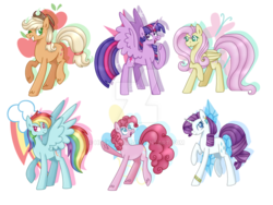 Size: 1024x768 | Tagged: safe, artist:huskywo1f, applejack, fluttershy, pinkie pie, rainbow dash, rarity, twilight sparkle, alicorn, pony, g4, cutie mark, mane six, simple background, transparent background, twilight sparkle (alicorn), watermark