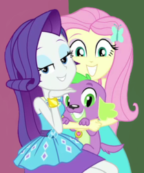 Size: 440x526 | Tagged: safe, edit, edited screencap, screencap, fluttershy, rarity, spike, spike the regular dog, dog, equestria girls, equestria girls specials, g4, my little pony equestria girls: better together, my little pony equestria girls: forgotten friendship, clothes, cropped, fluttershy boho dress, rarity peplum dress, selfie, smiling