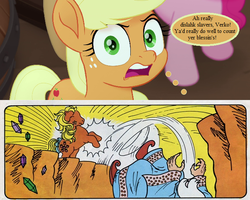 Size: 660x528 | Tagged: safe, edit, edited screencap, editor:korora, screencap, applejack, applejack (g1), jewel wizard, pinkie pie, earth pony, human, pony, comic:applejack's amazing adventure, comic:my little pony (g1), g1, g4, my little pony: the movie, beware the nice ones, chasm, cropped, falling, female, gem, imminent death, implied verko, male, mare, mythology gag, slavery, solo focus, speech bubble, text, wizard