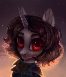 Size: 1666x1945 | Tagged: safe, artist:sarkarozka, oc, oc only, pony, unicorn, bust, clothes, portrait, red eyes, runes, solo