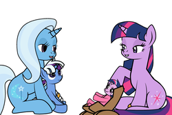 Size: 600x401 | Tagged: safe, artist:dekomaru, edit, trixie, twilight sparkle, oc, oc:aurora, oc:nebula, pony, unicorn, tumblr:ask twixie, g4, ask, cropped, female, lesbian, magical lesbian spawn, offspring, parent:trixie, parent:twilight sparkle, parents:twixie, ship:twixie, shipping, tumblr