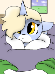 Size: 630x840 | Tagged: safe, artist:nootaz, oc, oc:anon, oc:nootaz, pony, unicorn, bed, cute, looking at you, nootabetes, nootaz is trying to murder us, ocbetes, offscreen character, pov