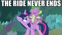 Size: 1024x576 | Tagged: safe, edit, edited screencap, screencap, spike, twilight sparkle, alicorn, dragon, pony, g4, molt down, dragons riding ponies, duo, female, image macro, male, mare, meme, riding, spike riding twilight, text, the ride never ends, twilight sparkle (alicorn), winged spike, wings