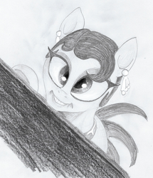 Size: 805x935 | Tagged: safe, artist:t72b, derpibooru exclusive, cleopatra jazz, pony, g4, bust, cross-eyed, derp, ear piercing, earring, faic, fine art parody, grin, jewelry, josephine baker, monochrome, piercing, portrait, silly, silly face, smiling, solo, traditional art