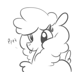 Size: 1650x1650 | Tagged: safe, artist:tjpones, paprika (tfh), alpaca, them's fightin' herds, community related, cute, female, grayscale, monochrome, onomatopoeia, raspberry, raspberry noise, simple background, tongue out, white background