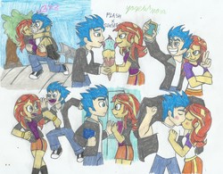 Size: 1994x1557 | Tagged: safe, artist:yogelis, flash sentry, sunset shimmer, equestria girls, g4, my little pony equestria girls: better together, bench, camp everfree outfits, female, food, ice cream, kissing, male, phone, ship:flashimmer, shipping, straight, traditional art, tree